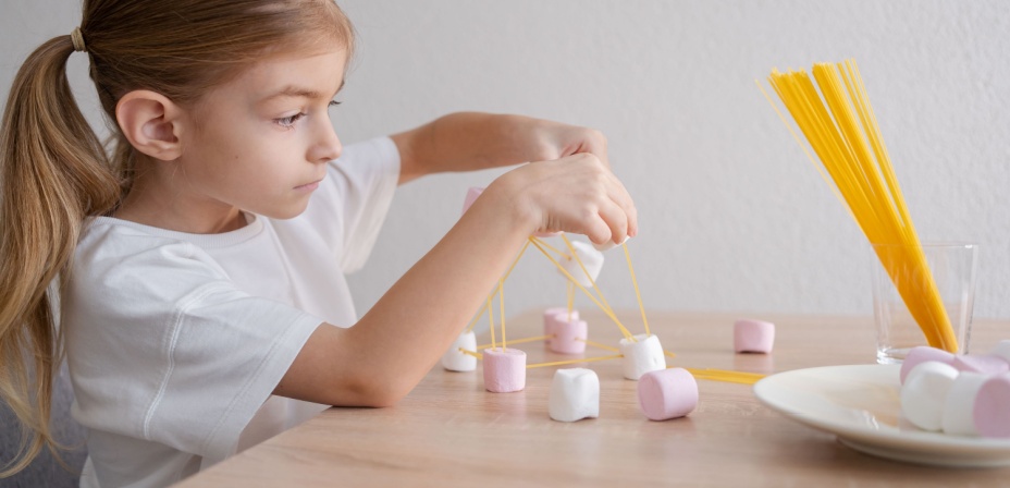 Young girl playing with large marshmallows and spaghetti noodles. 