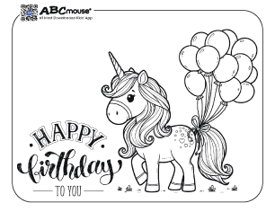 Free printable Happy Birthday unicorn coloring page for kids from ABCmouse.com. 