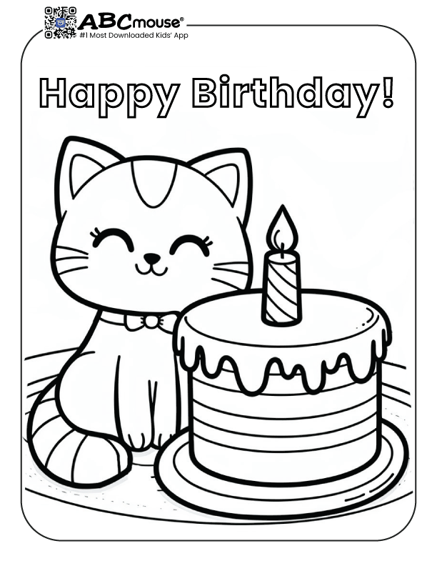 Free printable Happy Birthday cat coloring page for kids from ABCmouse.com. 