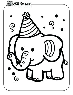 Free printable elephant in a party hat coloring page from ABCmouse.com. 