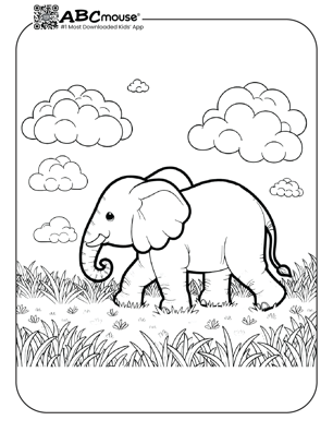 Free printable elephant walking through a field coloring page from ABCmouse.com. 