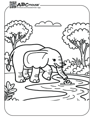 Free printable elephant getting a drink coloring page from ABCmouse.com. 