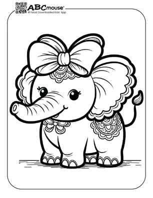 Free printable elephant with a bow coloring page from ABCmouse.com. 