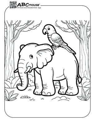 Free printable elephant with a parrot coloring page from ABCmouse.com. 