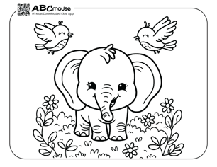 Free printable elephant with birds coloring page from ABCmouse.com. 