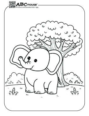 Free printable elephant by a tree coloring page from ABCmouse.com. 