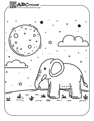 Free printable elephant under a moon coloring page from ABCmouse.com. 