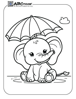 Free printable elephant under an umbrella coloring page from ABCmouse.com. 