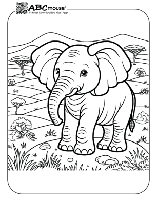 Free printable elephant in a desert coloring page from ABCmouse.com. 