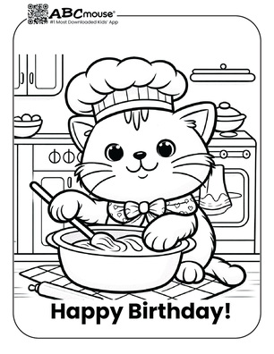 Free printable Happy Birthday cat coloring page for kids from ABCmouse.com. 