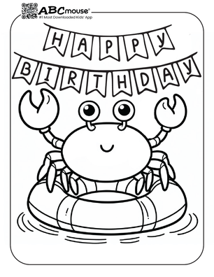 Free printable Happy Birthday crab coloring page for kids from ABCmouse.com. 