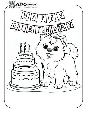 Free printable Happy Birthday dog coloring page for kids from ABCmouse.com. 