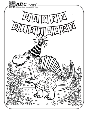 Free printable Happy Birthday dinosaur coloring page for kids from ABCmouse.com. 