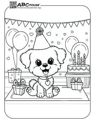 Free printable Happy Birthday dog coloring page for kids from ABCmouse.com. 