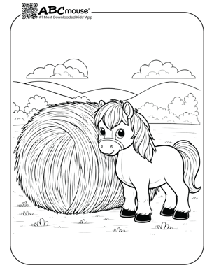 Free printable baby horse next to hay coloring page from ABCmouse.com. 