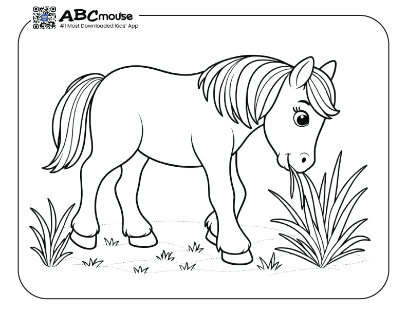 Free printable horse eating grass coloring page from ABCmouse.com. 