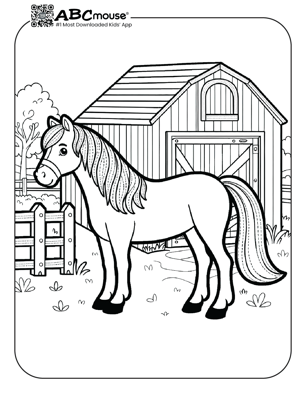 Free printable horse in front of a barn coloring page from ABCmouse.com. 