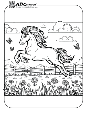 Free printable horse jumping in a pasture coloring page from ABCmouse.com. 