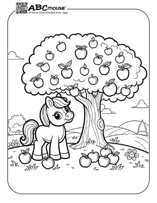 Free printable horse with apple tree coloring page from ABCmouse.com. 