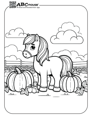 Free printable horse with pumpkin coloring page from ABCmouse.com. 