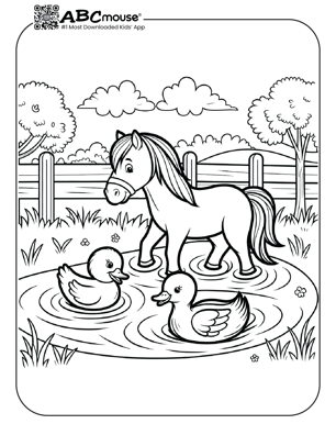 Free printable horse with ducks coloring page from ABCmouse.com. 