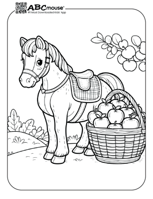 Free printable horse with apple basket coloring page from ABCmouse.com. 