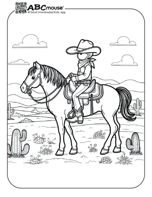 Free printable cowboy riding a horse coloring page from ABCmouse.com. 