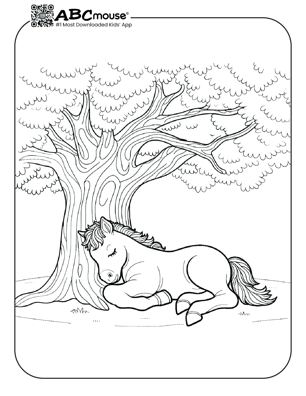 Free printable baby horse sleeping coloring page from ABCmouse.com. 