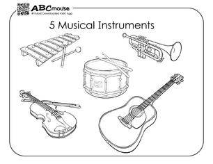 Free printable number five instruments coloring page from ABCmouse.com. 