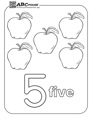 Free printable number five apples coloring page from ABCmouse.com. 