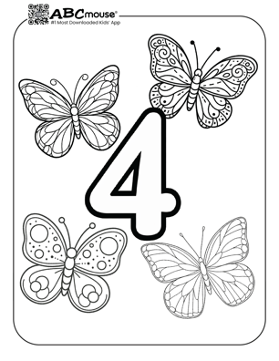 Free printable number four butterflies coloring page for kids from ABCmouse.com. 