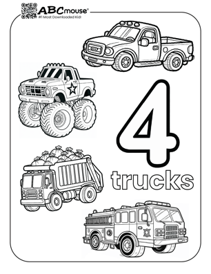 Free printable number four trucks  coloring page for kids from ABCmouse.com. 