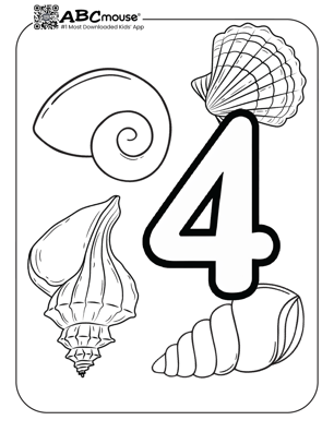 Free printable number four sea shells  coloring page for kids from ABCmouse.com. 