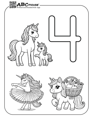 Free printable number four unicorn coloring page for kids from ABCmouse.com. 