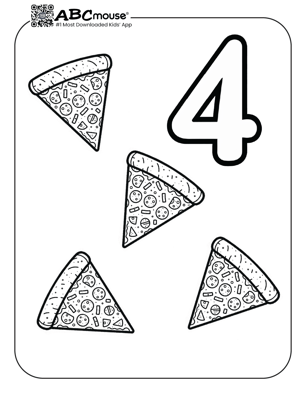 Free printable number four pizza slices coloring page for kids from ABCmouse.com. 