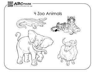 Free printable number four zoo animals coloring page for kids from ABCmouse.com. 