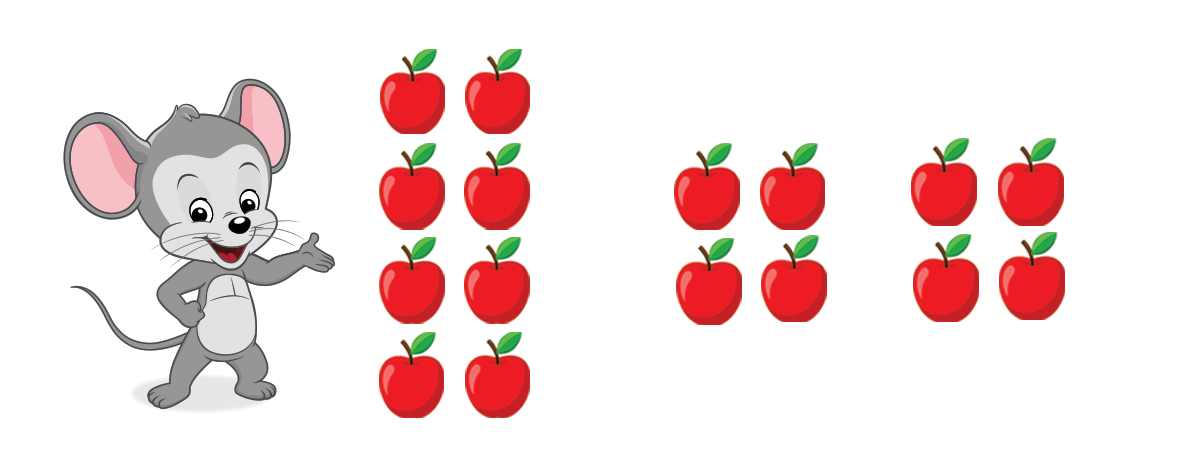 ABC mouse with a group of 8 apples on one side and 2 groups of 4 apples on the other side. 