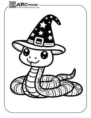 Free printable snake wearing a hat coloring page for kids from ABCmouse.com. 