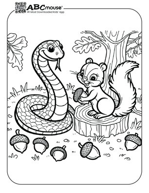 Free printable snake with a squirrel coloring page for kids from ABCmouse.com. 