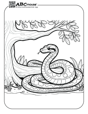 Free printable snake in the trees coloring page for kids from ABCmouse.com. 