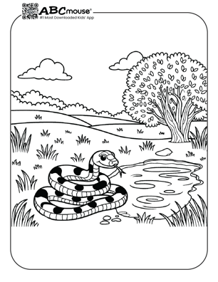 Free printable snake near a puddle coloring page for kids from ABCmouse.com. 