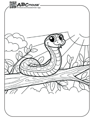 Free printable snake in a tree coloring page for kids from ABCmouse.com. 