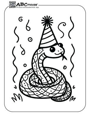 Free printable snake wearing a party hat coloring page for kids from ABCmouse.com. 