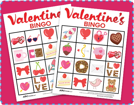 Free printable Valentines Day bingo cards for kindergarteners from ABCmouse.com. 