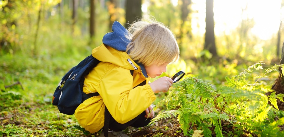 A young boy wearing a yellow rain coat crouching towards the ground with a magnifying glass looking at the foliage outside. 