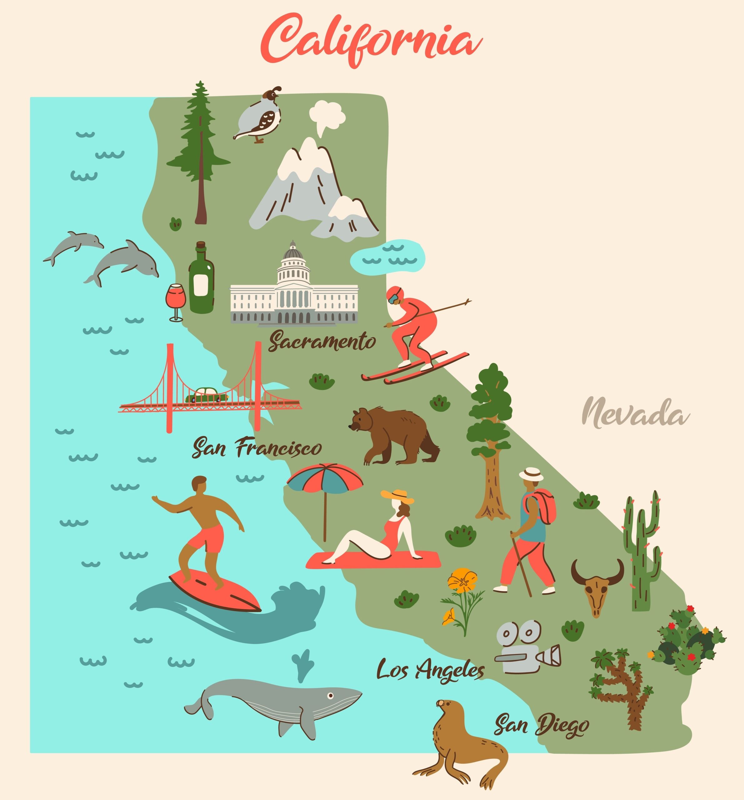 A colorful image of the state of California with little icons of fun things on top of the state. 