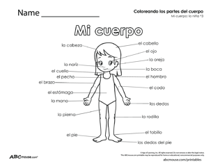 Parts of the body-girl in Spanish free printable worksheet from ABCmouse.com. 