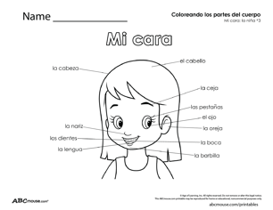 Parts of the body-girl face in Spanish free printable worksheet from ABCmouse.com. 