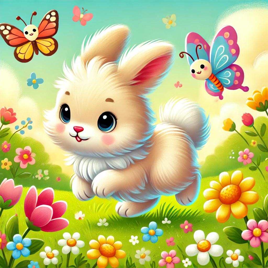 A cute illustration of a bunny with butterflies and flowers. 