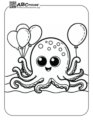 Free printable octopus holding balloons coloring page for kids from ABCmouse.com. 